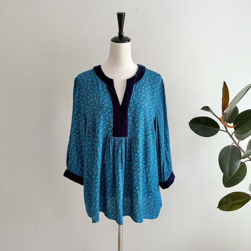 Boden Annabelle Velvet Trim Babydoll Tunic Top Blue Floral Size US 16